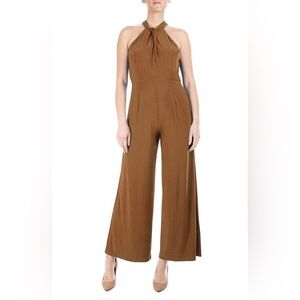 Nina Leonard Elegant Brown Halter Jumpsuit, XL